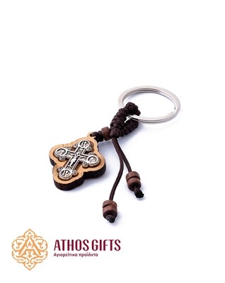 Wood and metal cross keychain.