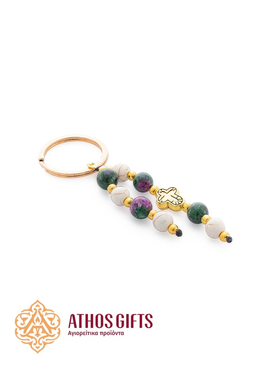 Cross keychain with beads, Color: Purple-Green