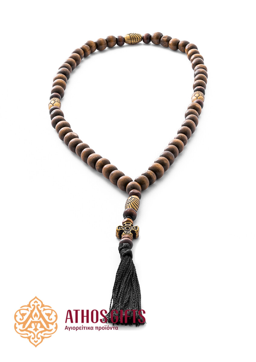 Orthodox prayer rope made of wooden beads with metal separators, handmade by the monks of Mount Athos.