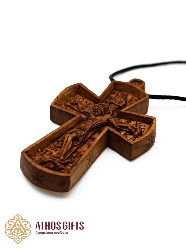 A handmade wooden pectoral cross crafted by the monks of Mount Athos.