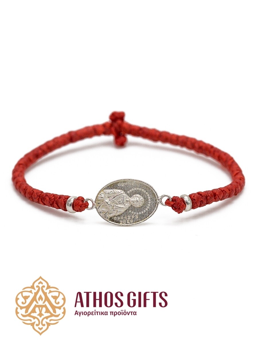 Red woven bracelet with a silver icon of Saint Panteleimon the Great Martyr