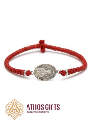 Red woven bracelet with a silver icon of Saint Panteleimon the Great Martyr