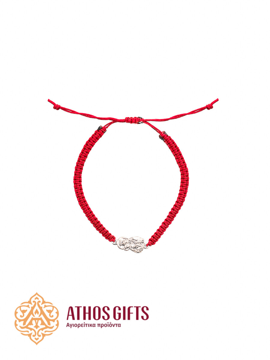 Red woven bracelet with a silver icon depicting the Mother of God “It Is Truly Meet”