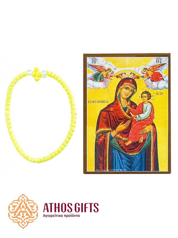 Icon magnet of the Mother of God “Quick to Hear” and a yellow komboskini prayer rope.