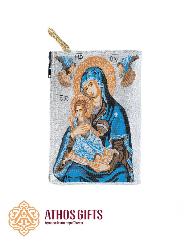 Fabric wallet with silver embroidery depicting the Mother of God holding Jesus.