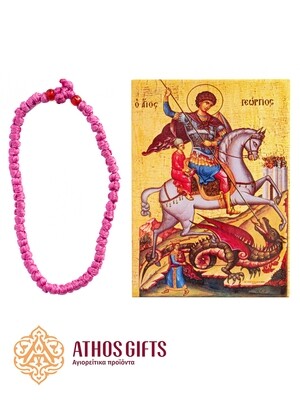 Icon magnet of Saint George and a pink bracelet.