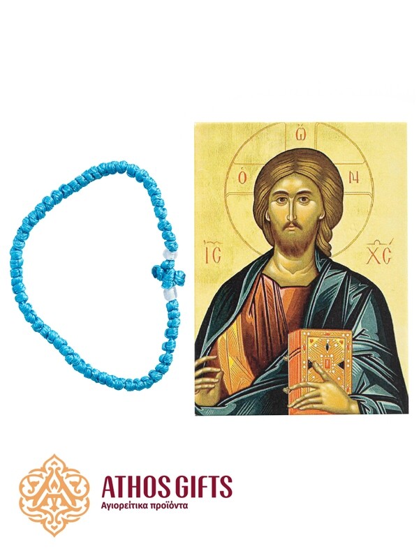 Magnet icon of Christ Pantocrator and a light blue komboskini