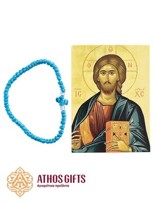 Magnet icon of Christ Pantocrator and a light blue komboskini