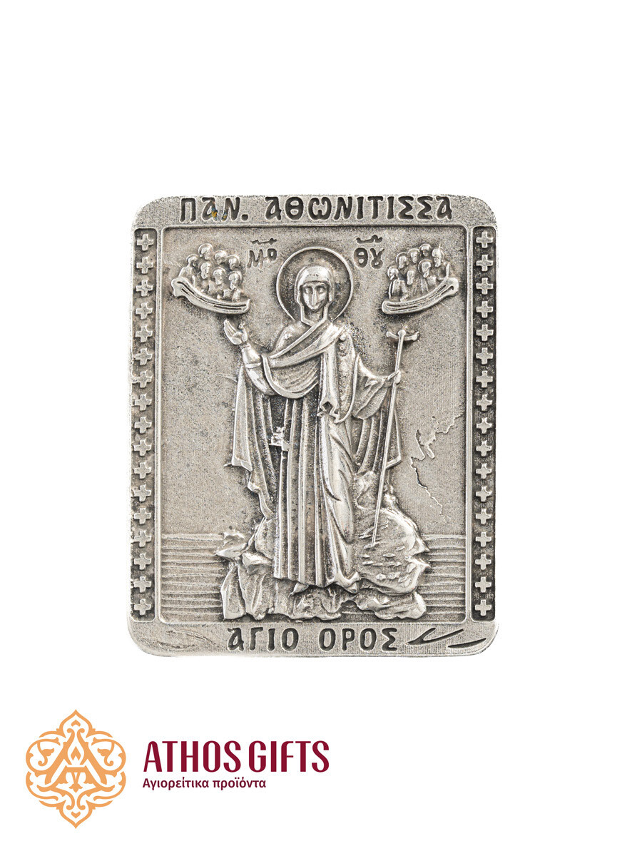 Metal icon magnet with an image of the Virgin Mary Athonitissa.