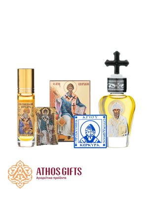 A gift set of St. Spyridon consisting of an icon, two bottles of myrrh, and an amulet.