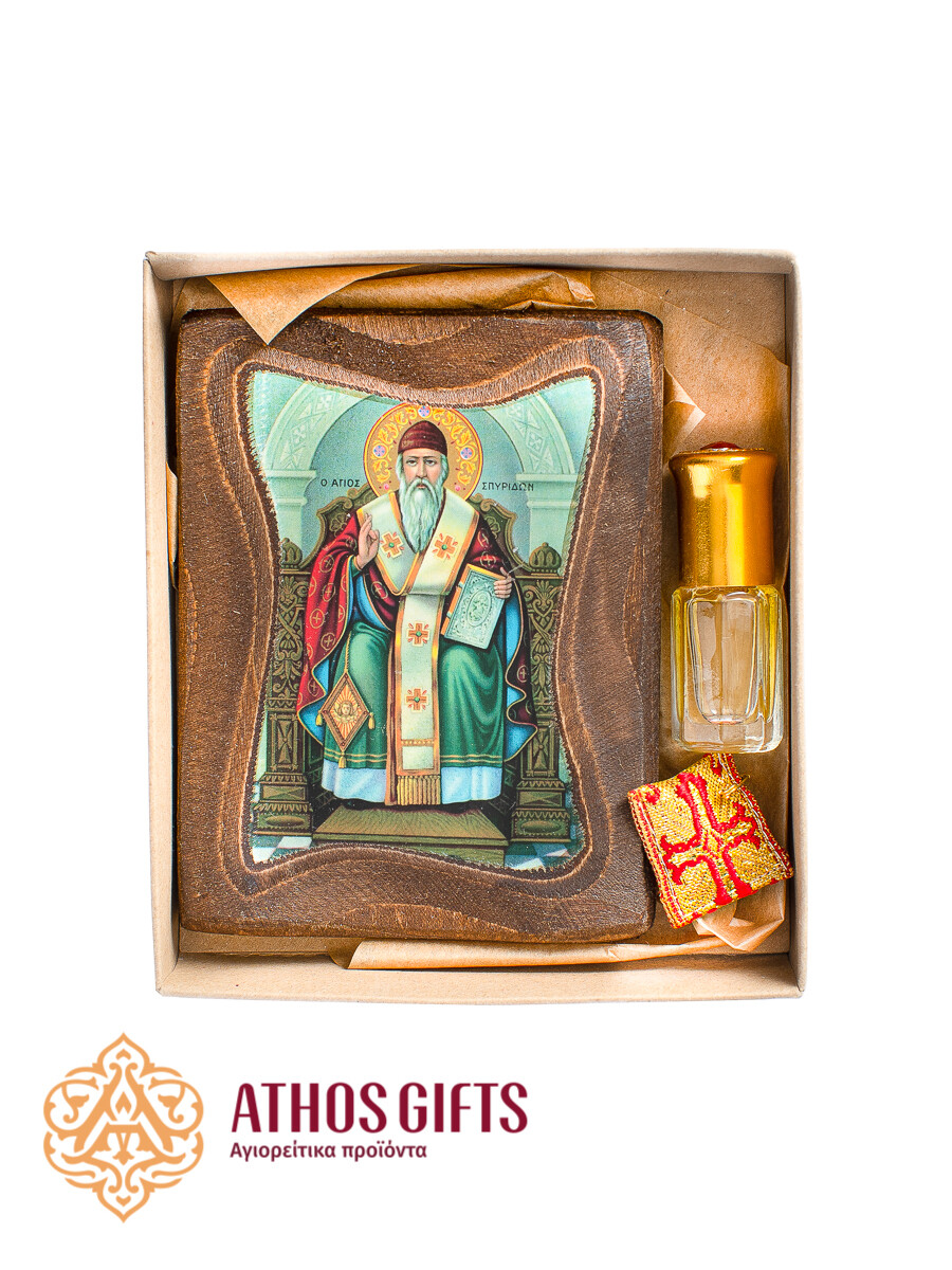A gift set of St. Spyridon consisting of three items: an icon, myrrh, and an amulet.