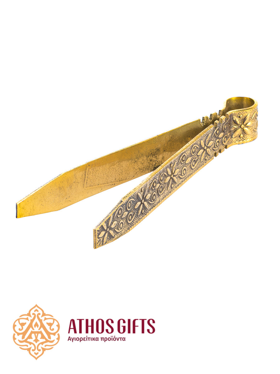 Bronze tongs with a carved handle for charcoal and frankincense