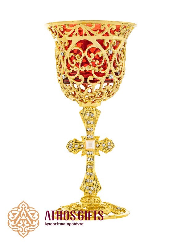 Glass vigil lamp on a metal stand with white rhinestones.