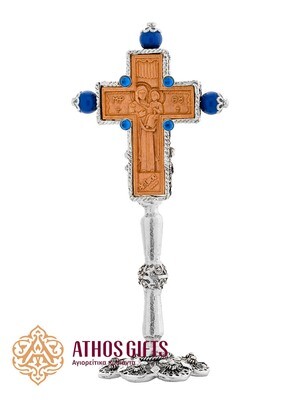 Double-sided ceramic desk cross in a metal frame with blue beads.