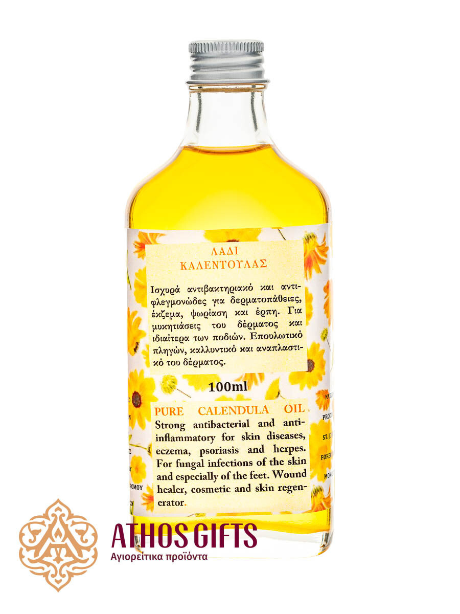 Natural calendula oil used in the treatment of herpes, eczema, and psoriasis.
