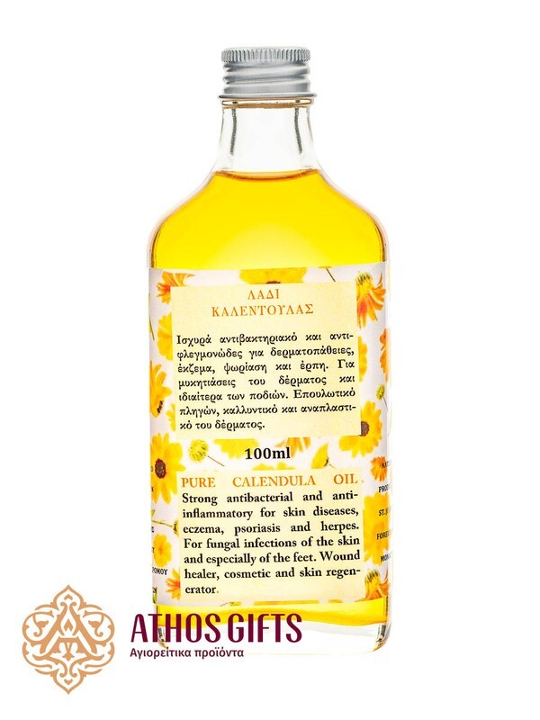 Natural calendula oil used in the treatment of herpes, eczema, and psoriasis.