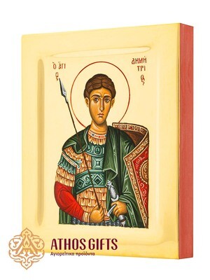 Icoană a Sfântului Dimitrie, realizată pe lemn natural de tei, folosind tehnica auririi cu apă