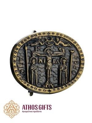 Metal belt buckle with an image of the Crucifixion of Jesus Christ and the inscription "Άγιον Όρος".
