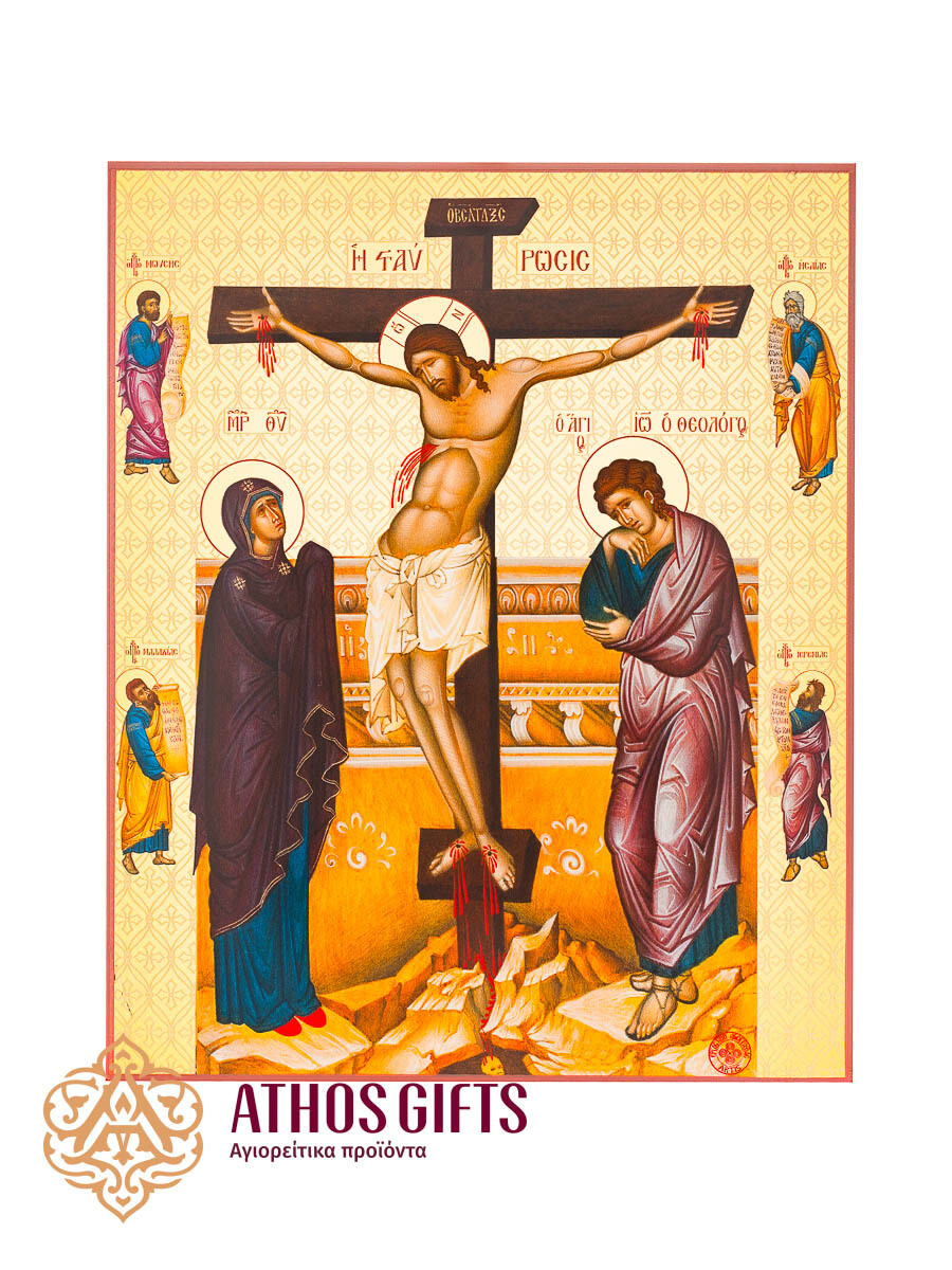 Icon of the Crucifixion of Jesus Christ, made on particleboard (chipboard).