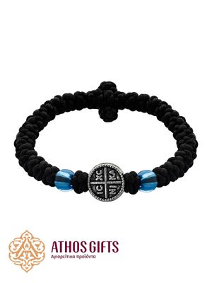 Braided bracelet with light blue beads and a metal insert