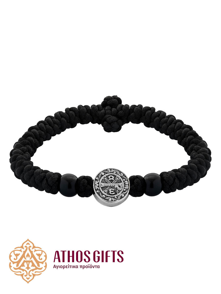 Braided bracelet ΙΣ ΧΣ ΝΙΚΑ / ΧΡ ΑΩ, Color of beads: Black