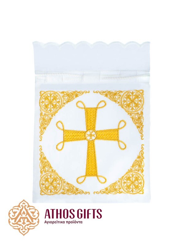 Square bag for antidoron, prosphora, and artos made of 100% white cotton fabric.