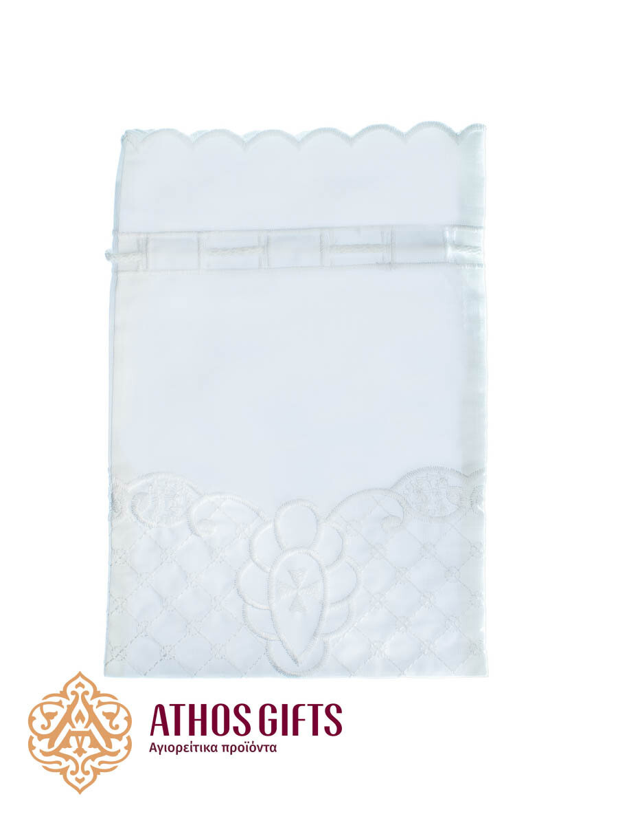 Square bag for antidoron, prosphora, and artos made of 100% white cotton fabric.