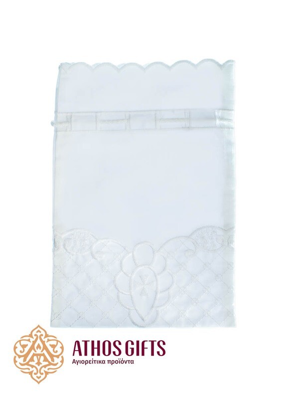 Square bag for antidoron, prosphora, and artos made of 100% white cotton fabric.