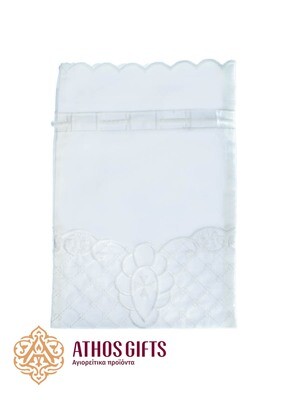 Square bag for antidoron, prosphora, and artos made of 100% white cotton fabric.