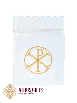 Square bag for antidoron, prosphora, and artos made of 100% white cotton fabric.