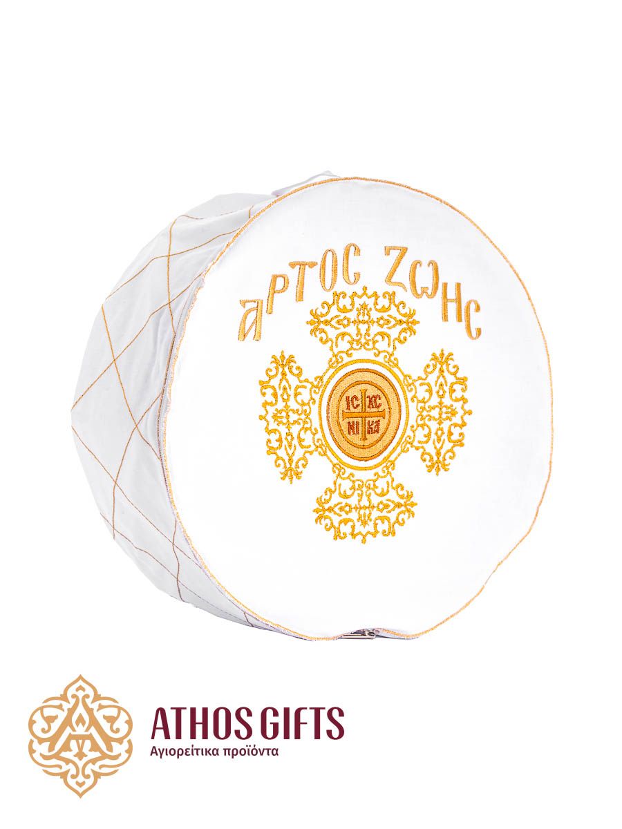 Pouch-style bag for antidoron, prosphora, and artos made of 100% white cotton fabric.