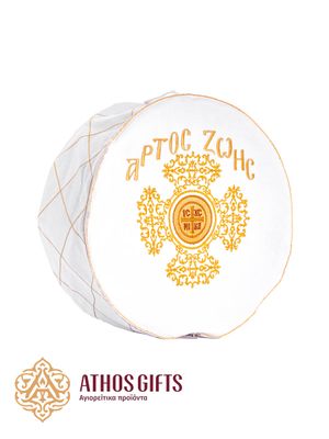 Pouch-style bag for antidoron, prosphora, and artos made of 100% white cotton fabric.