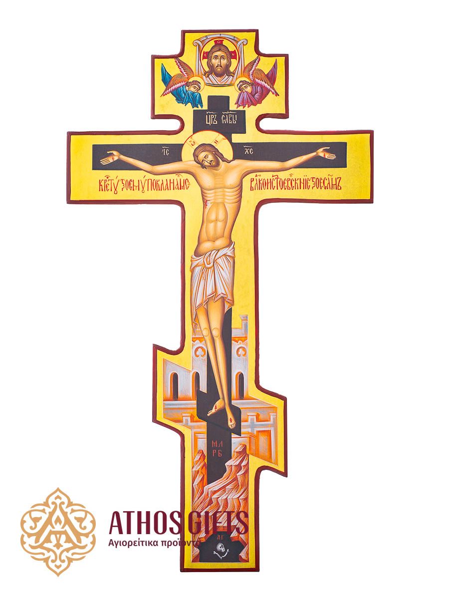 The wall cross is handcrafted from natural wood.