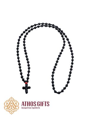 Komboskini prayer rope, woven, with one plastic rhinestone and a small cross.