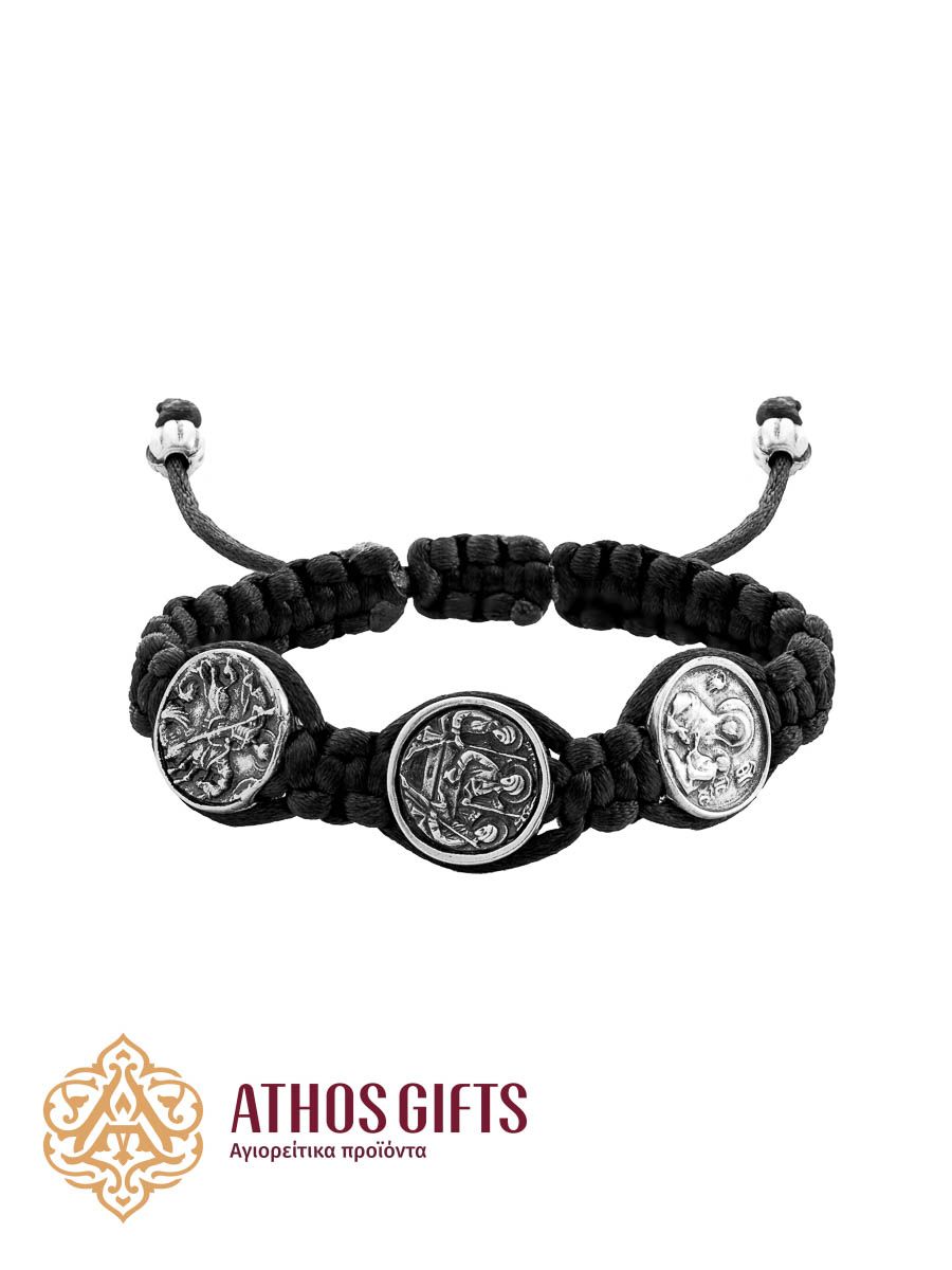 Woven bracelet with metal images: The Most Holy Mother of God with the Infant Jesus, the Holy Trinity, Saint George