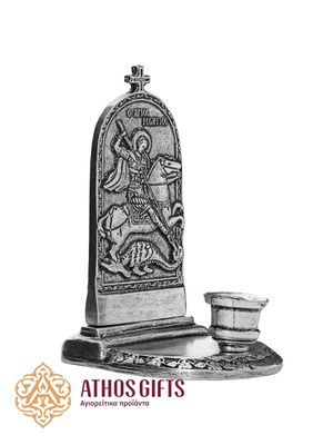 Silver-colored metal candle holder with the image of Saint George the Victorious