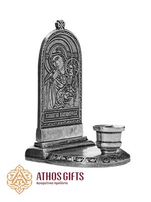 Silver-colored metal candle holder with the image of the Mother of God “Joy and Consolation”