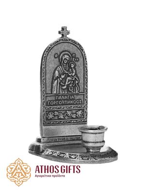 Silver-colored metal candle holder with the image of the Mother of God “Quick to Hear”