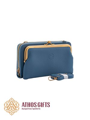 Women’s blue wallet with a Christogram, featuring three compartments.