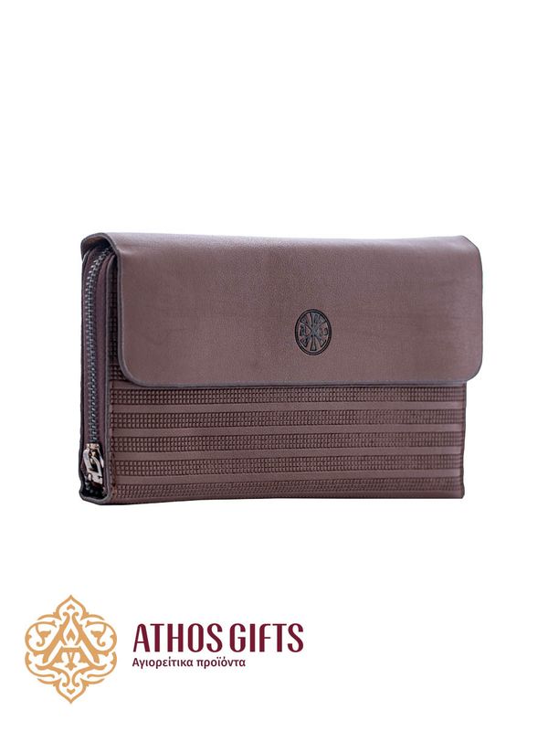 Brown men's wallet with the Christogram, featuring compartments for banknotes, coins, and plastic cards.