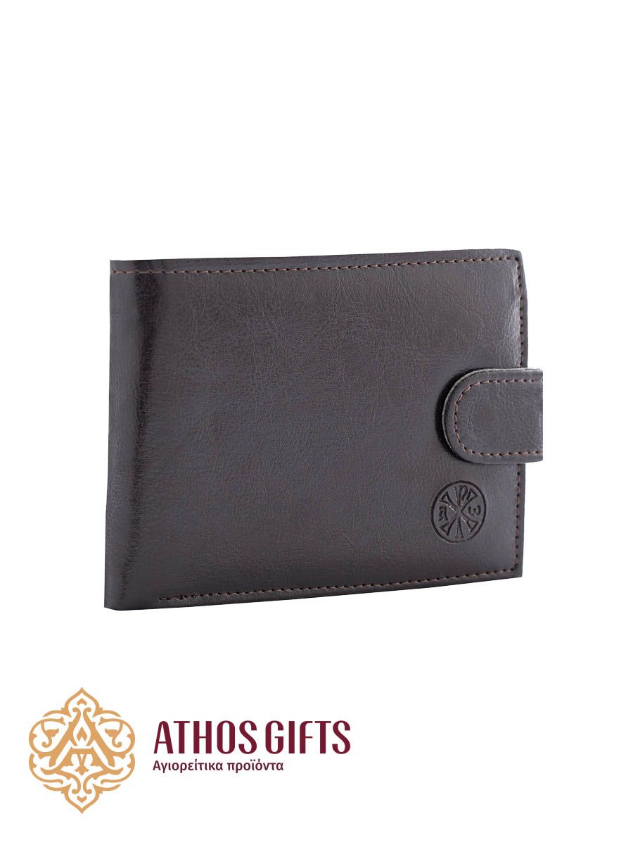 Men’s wallet with compartments for banknotes, coins, and plastic cards, with a snap-button closure.