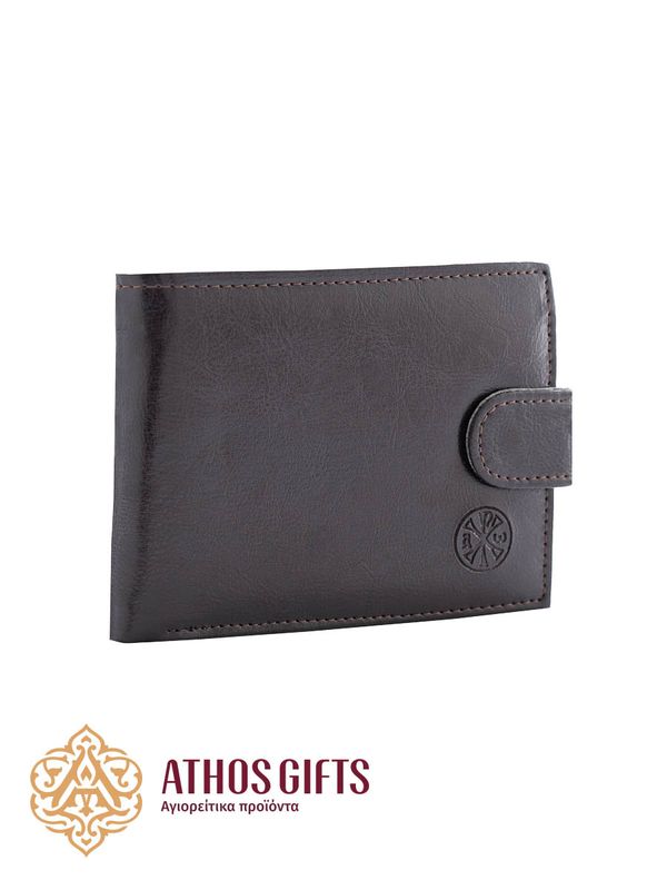 Men’s wallet with compartments for banknotes, coins, and plastic cards, with a snap-button closure.