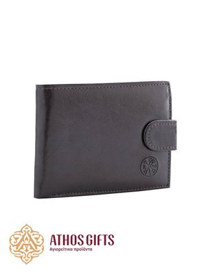Men’s wallet with compartments for banknotes, coins, and plastic cards, with a snap-button closure.