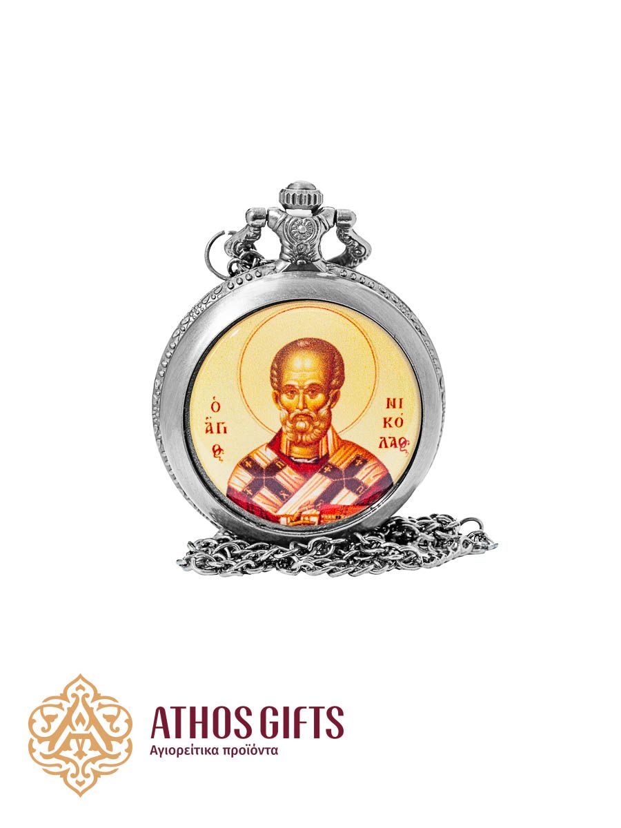 Pendant watch on a chain with a hinged cover featuring the image of Saint Nicholas the Wonderworker.