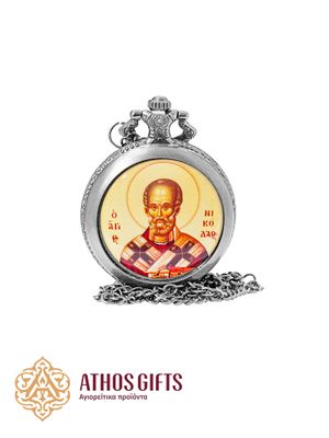 Pendant watch on a chain with a hinged cover featuring the image of Saint Nicholas the Wonderworker.