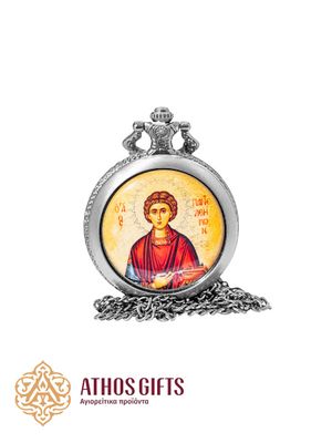 Pendant watch on a chain with a hinged cover featuring the image of Saint Panteleimon.