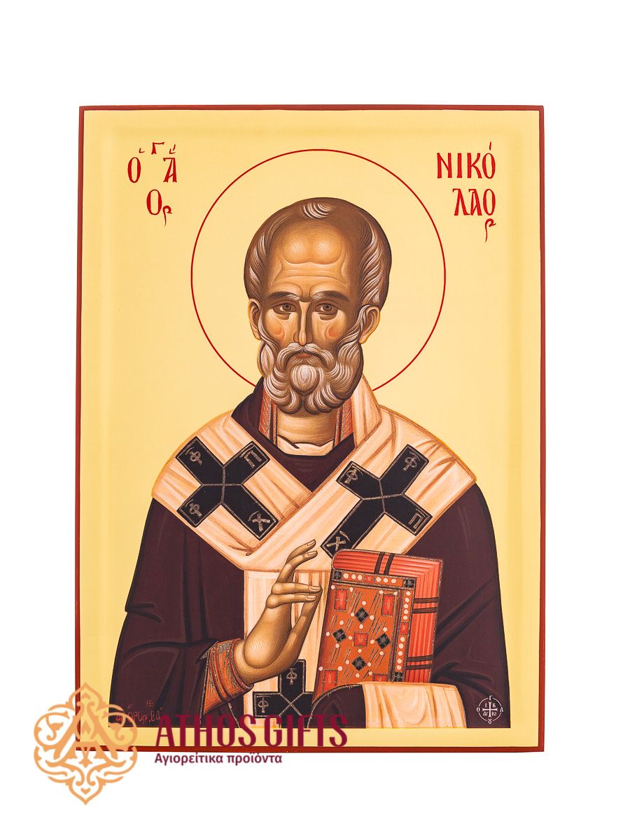 Handmade icon of Saint Nicholas, crafted from natural wood and covered with 22-karat gold leaf