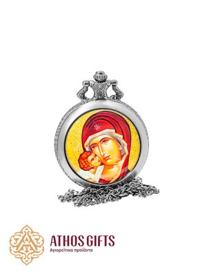 Pendant watch on a chain with a hinged cover featuring the image of the Virgin Mary.