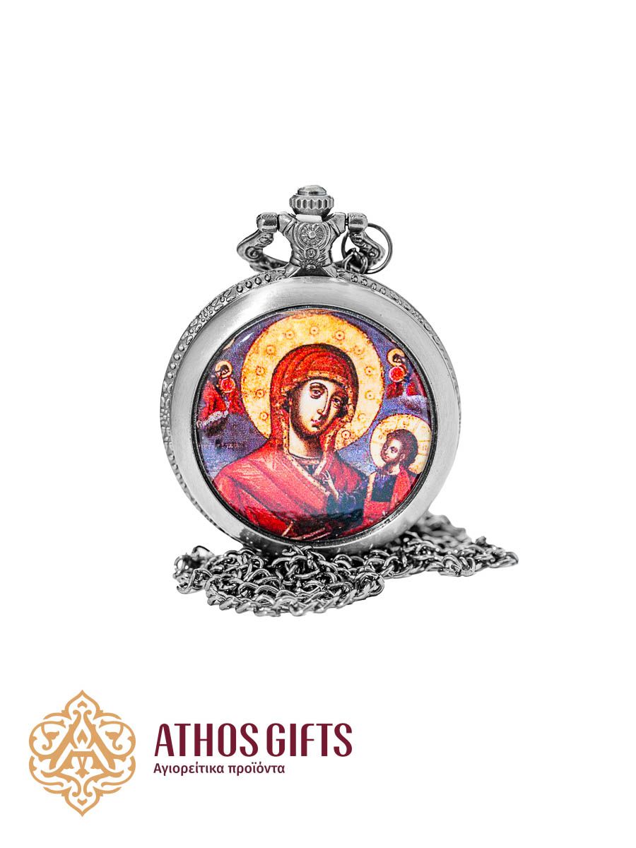 Pendant watch on a chain with a hinged cover featuring the image of the Virgin Mary.