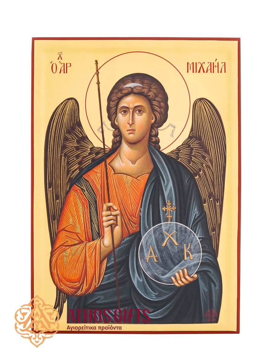 An icon of Archangel Michael, handcrafted from natural wood and covered with 22-karat gold leaf.